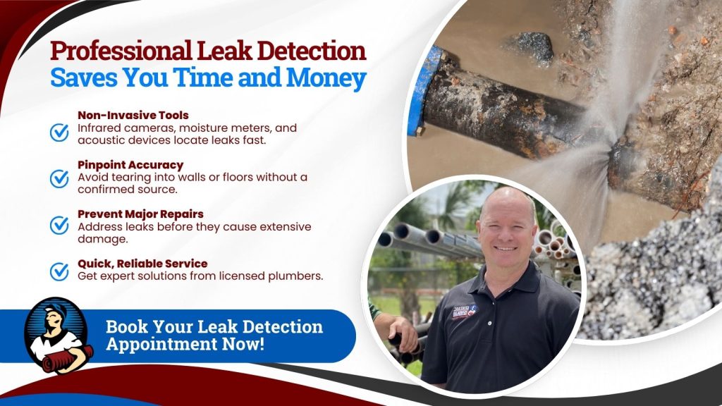 This is an image of a broken pipe leaking water. The headline reads professional leak detection saves you time and money.
