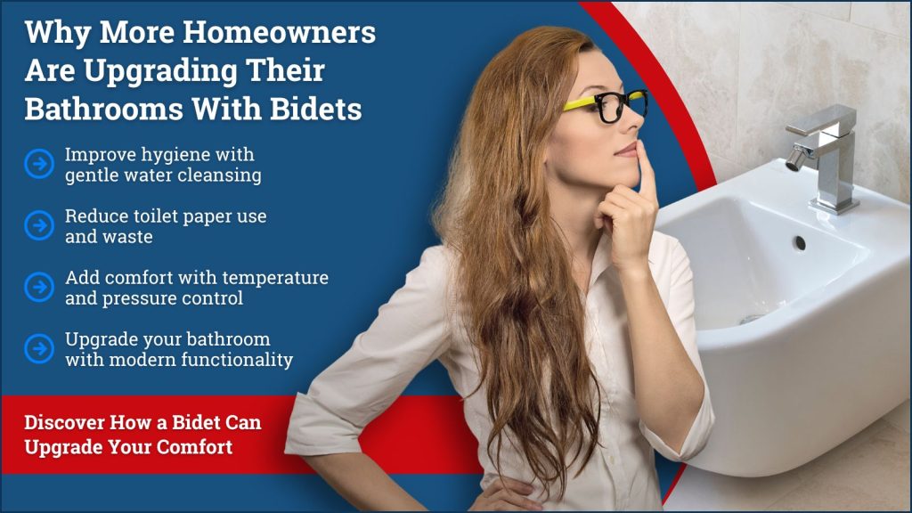 This is a woman contemplating buying a bidet. The headline reads why more homeowners are upgrading their bathrooms with bidets.
