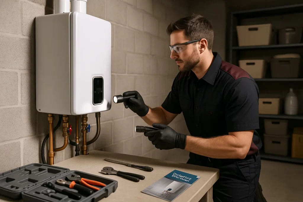 Plumber inspecting tankless water heater with tools and tankless brochure nearby
