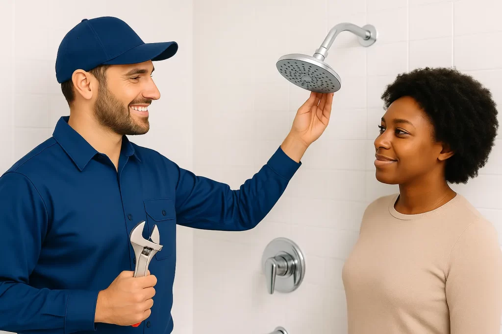 Homeowner and plumber reviewing new rainfall showerhead water flow
