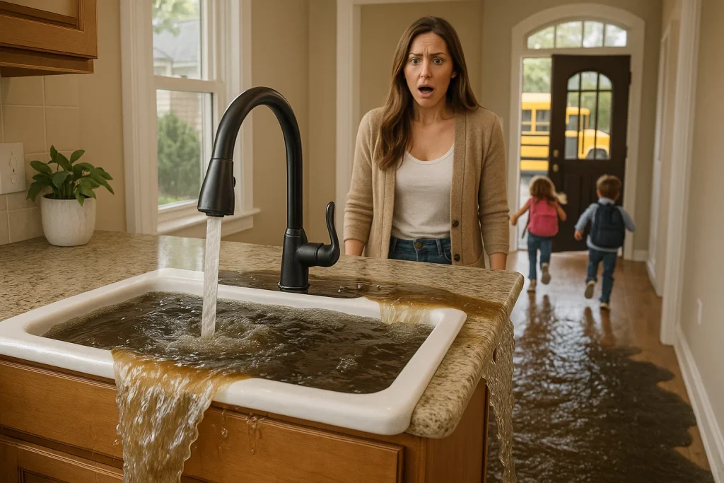 A woman sink overflowed from clogged drains
