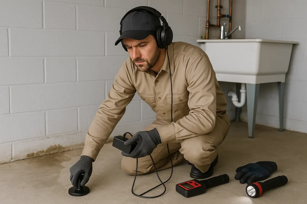 Plumber using acoustic tool to detect slab leak in Lake Worth garage setting