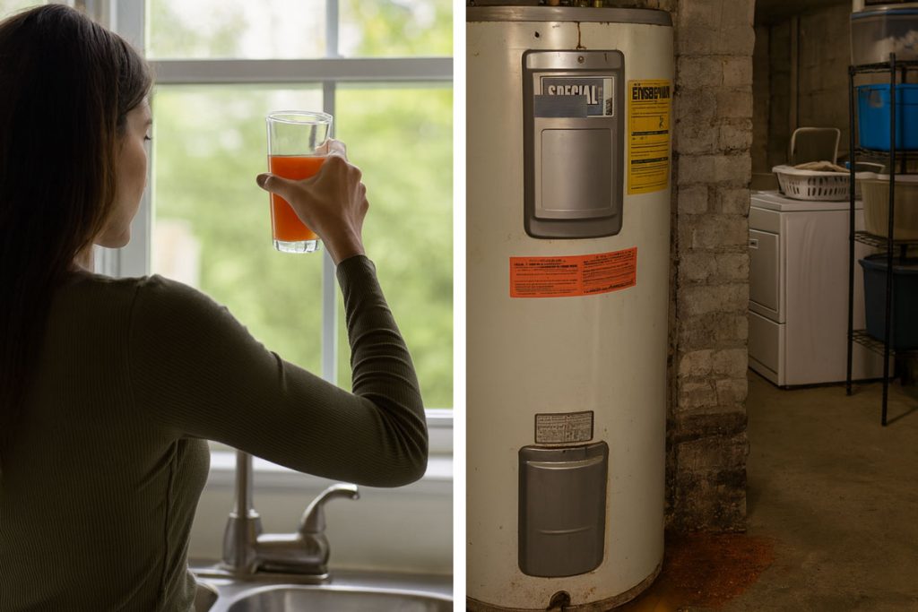A split screen image on the left is a women looking at a glass of rust colored water. On the right an old water heater.
