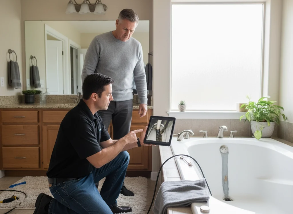 Homeowner and plumber reviewing a drain camera feed during main line inspection