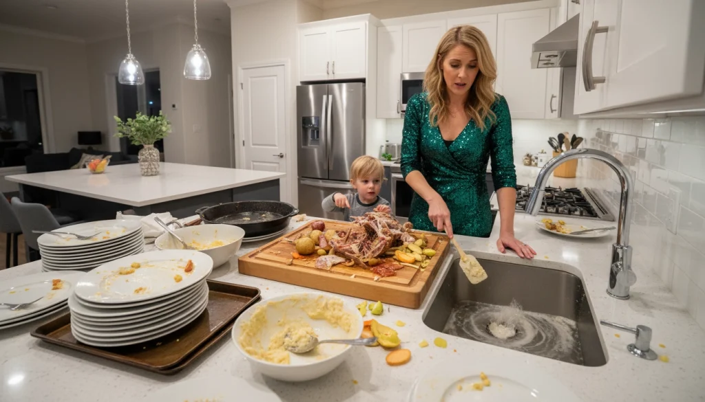 A post-holiday kitchen showing food scraps like mashed potatoes and turkey bones near a sink with slow drainage, highlighting common causes of seasonal plumbing clogs.