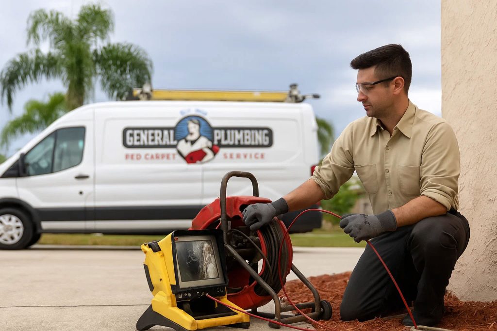 An image of a general plumbing contractor using a drain camera inspection tool