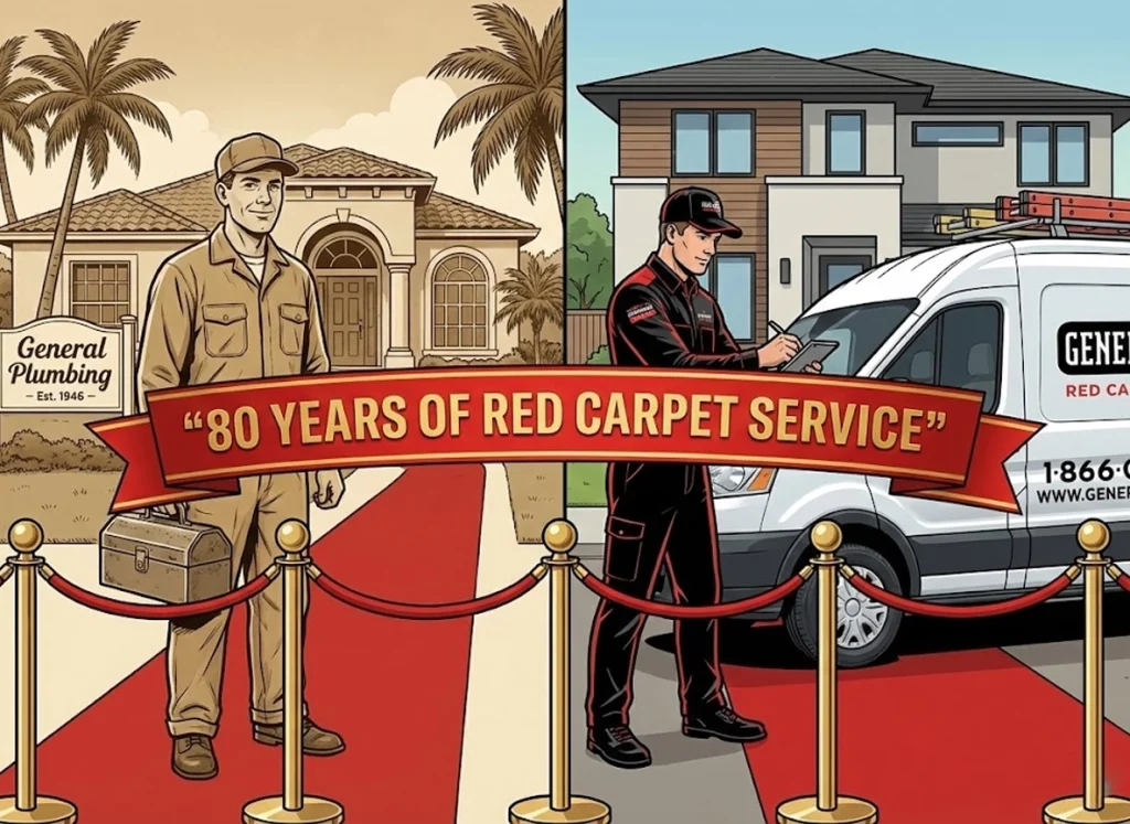 Split-scene of General Plumbing technician from the 1940s and modern day, celebrating 80 years of service