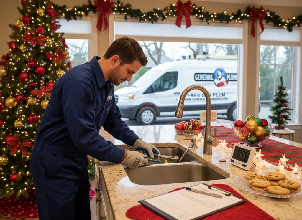 Plumber inspecting kitchen sink drain under holiday-decorated countertop