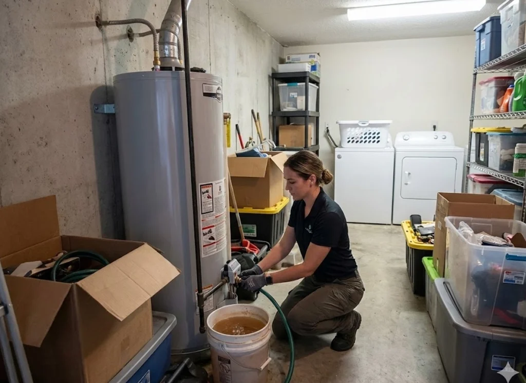Plumber flushing water heater to remove sediment buildup in Florida garage utility area