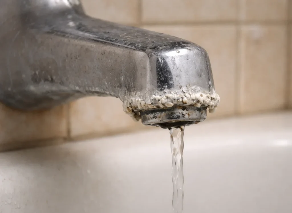A bathtub faucet with calcium build up.