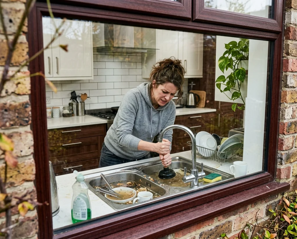 A woman frustrated with her clogged drain