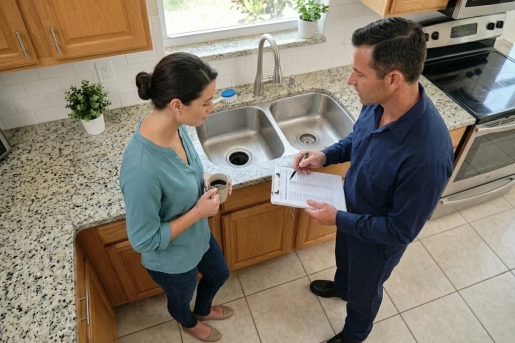 Homeowner learning garbage disposal best practices from plumber