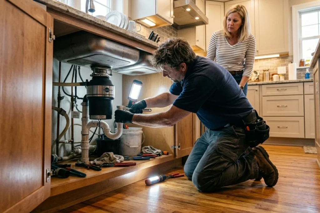 Homeowner reviewing spring plumbing reset with professional plumber