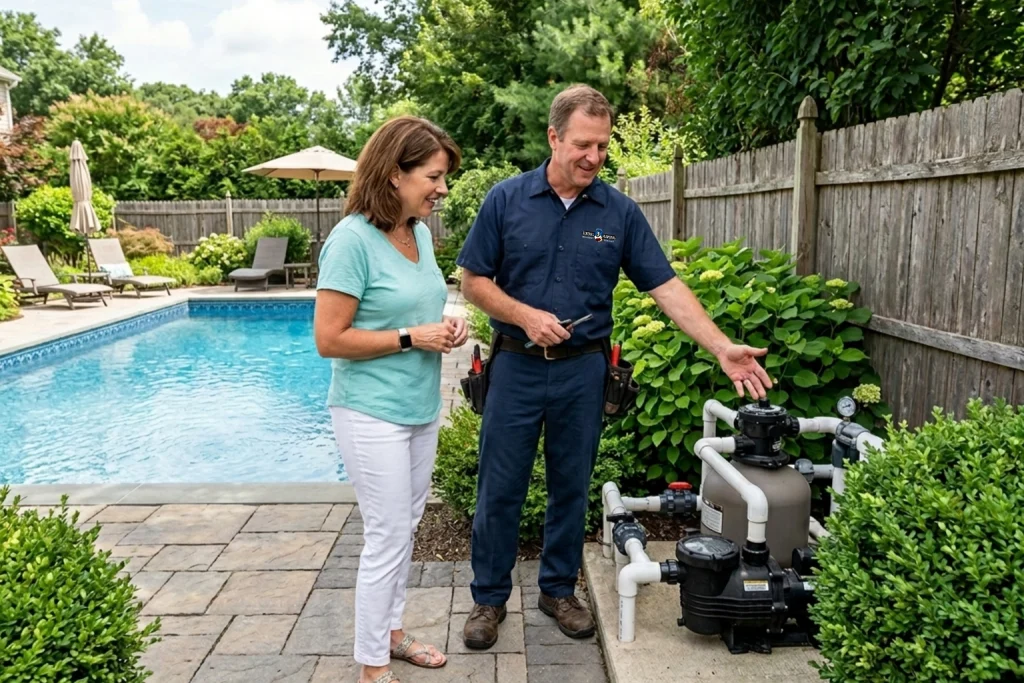 A plumber discussing a pool pump with the homeowner.