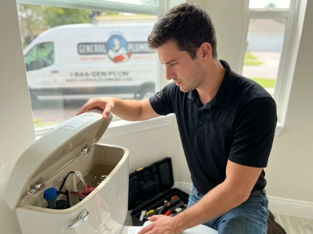 A plumber inspects bathroom toilet.