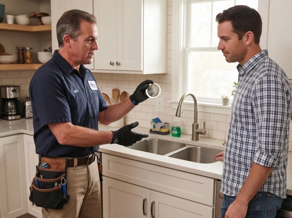 A plumber showing a homeowner a sink strainer.