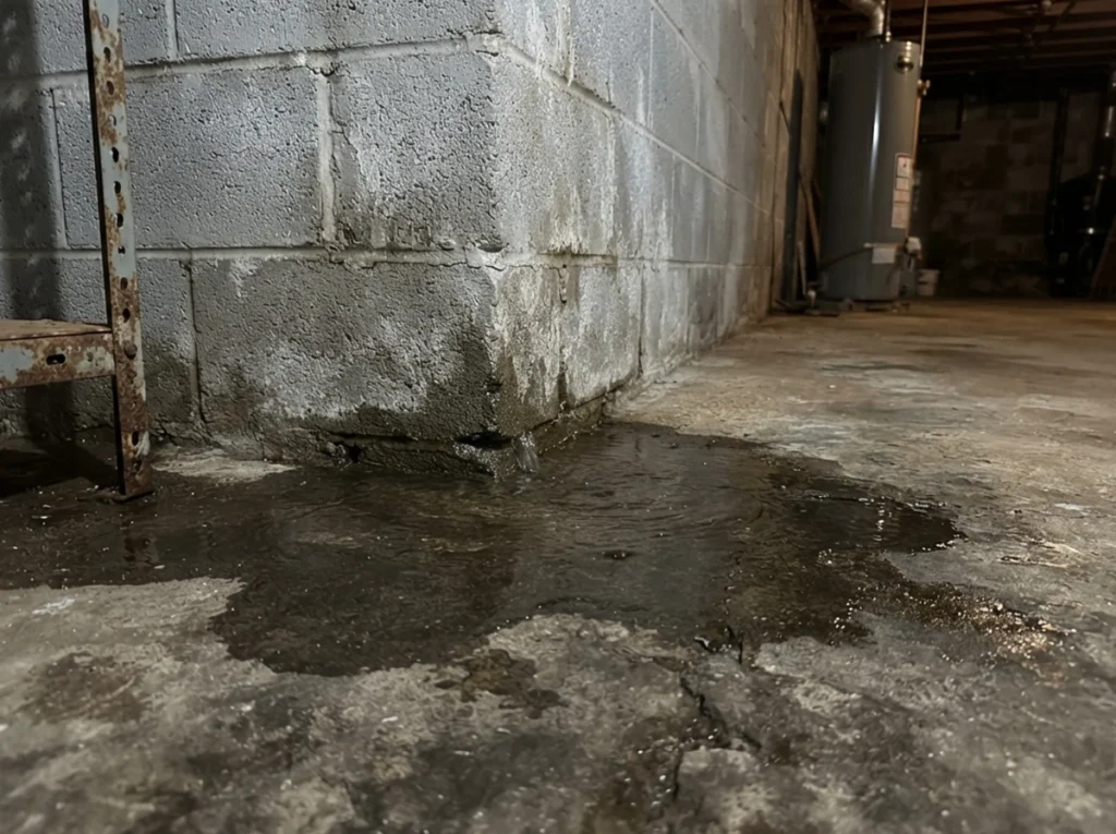 Water leaking out of a basement wall from a slab leak.