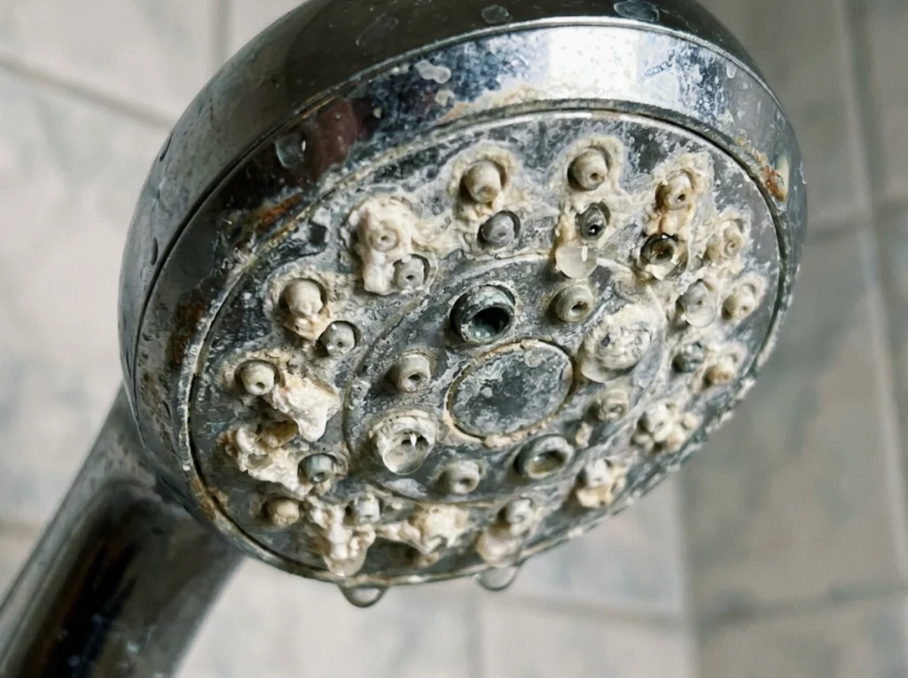 Hard water buildup on a showerhead, reducing water quality.
