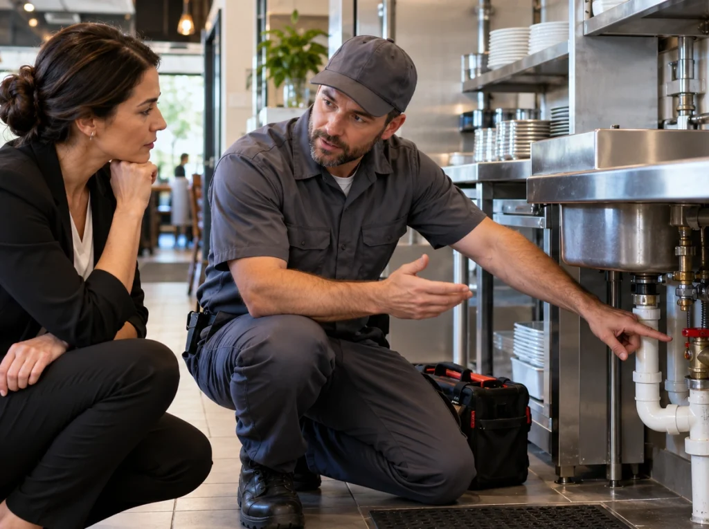 Business owner discussing commercial plumbing maintenance with professional plumber